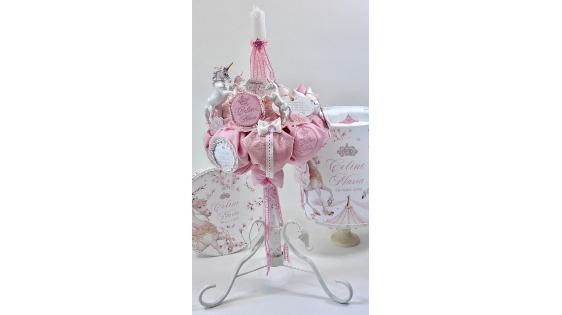 Trusou botez carusel cu cai roz pal si flori pastelate Pink Carousel 12